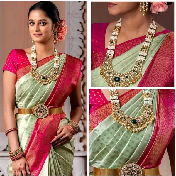 Pink,_Light_Green_Woven_Kanjivaram_Silk_Saree_with_Saree_Cover